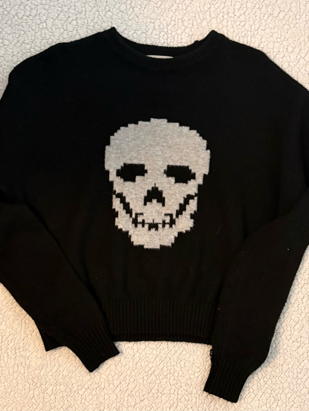 No Boundaries Pixel Skull Knit Sweater Pullover in Black & White